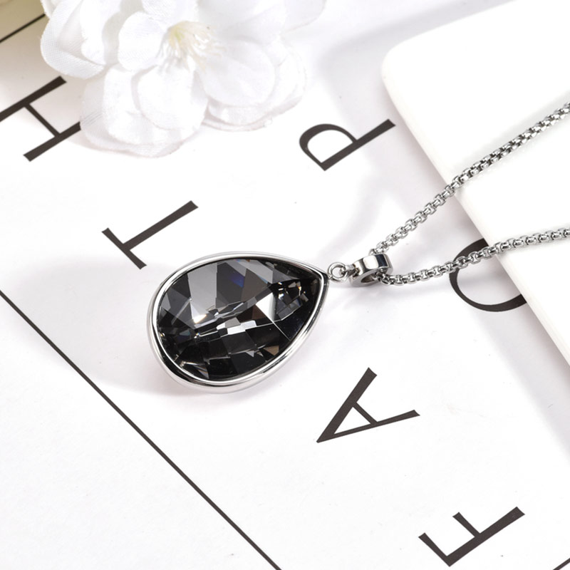 Suppliers Faceted Gemstone Charm Jewellery Pendant Chain Stainless Steel Black Drop Crystal Necklace Jewelry for Women