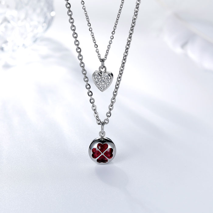 Customized Stainless Steel Layers Pendant Necklace with Red Crystal