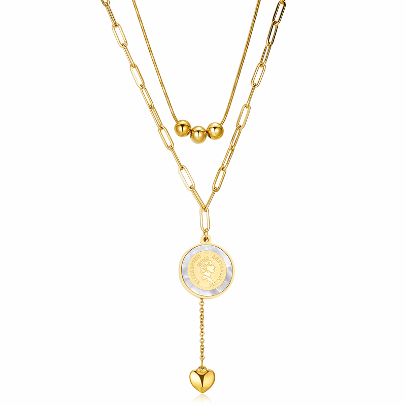 18K Gold Coin Layer Pendant Necklace with Stainless Steel