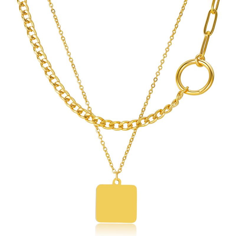 18k Gold Square Pendant Necklace Stainless Steel Cuban Link Chain