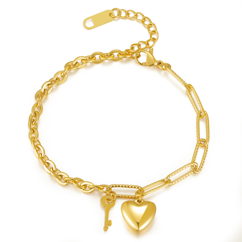 18K Gold Heart and Key Charm Bracelet Stainless Steel Jewelry