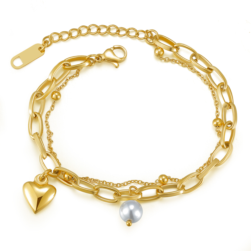 Custom Gold Pearl Cuban Link Bracelet with Stainless Steel Heart Charm