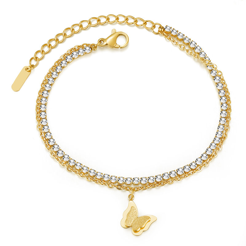 Stainless Steel 18K Gold Tennis Bracelet with Butterfly Charm