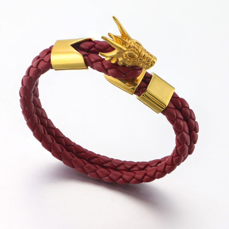 Handmade 18K Gold Stainless Steel Braided Leather Bracelet with Dragon Clasp